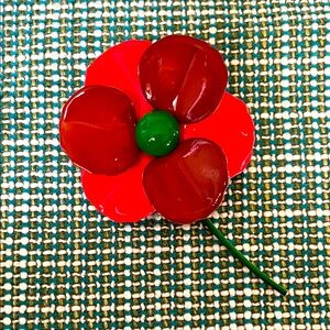 Vintage Red and Green Enamel Poppy Pin